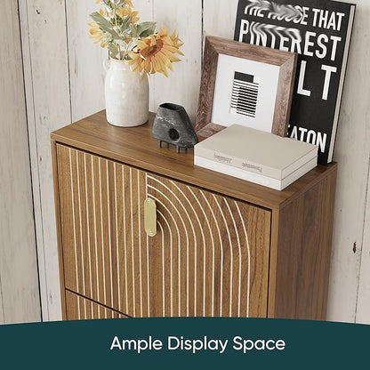 Shoe Storage Cabinet with 2 Flip Drawers, 23.6"(W) Freestanding Shoe Organizer with Metal Handles for Entryway, Narrow Shoe Rack Cabinet