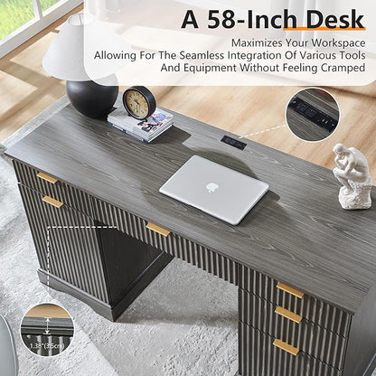 JXQTLINGMU 58" Modern Executive Desk with Storage, Wood Home Office Desk with Drawer & Cabinet, Fluted Computer Writing Desk for Study, Living Room, Bedroom, Grayish Green