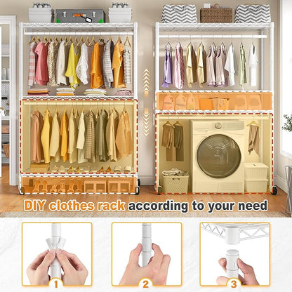 Raybee Rolling Clothes Rack with Cover, 81" H Heavy Duty Clothing Rack with Adjustable Shelves, Portable Wardrobe Closet with Visible Window, Double Rod Garment Rack on Wheels, Max Load 440LBS, White