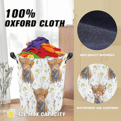Highland Cow Laundry Basket Flower Foldable Oxford Cloth Funny Tote Bag Laundry Hamper Clothes Storage Bucket Organizer For Bathroom/Laundry Storage/Bedroom Storage Basket 17.7x13.7