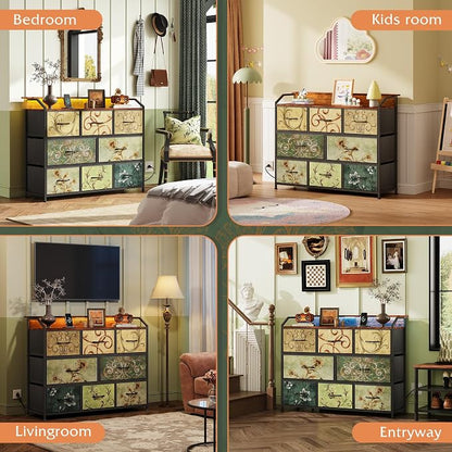 WLIVE Led Dresser for Bedroom, TV Stand for Bedroom with LED Lights and Power Outlet, Wide Chest of Drawers for Hallway, 8 Fabric Drawers for Living Room and Entryway, Floral Painted