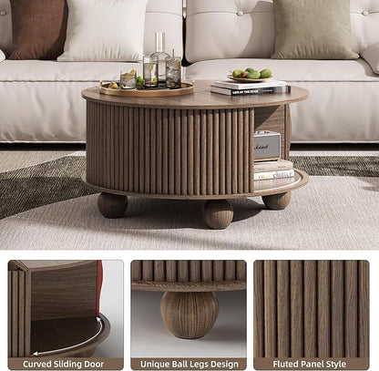 JOINICE Round Coffee Table with Storage, 31.5" Walnut Fluted Drum Center Table, Mid Century Modern Wood Circle Table with Sliding Door & Bun Feet for Living Room