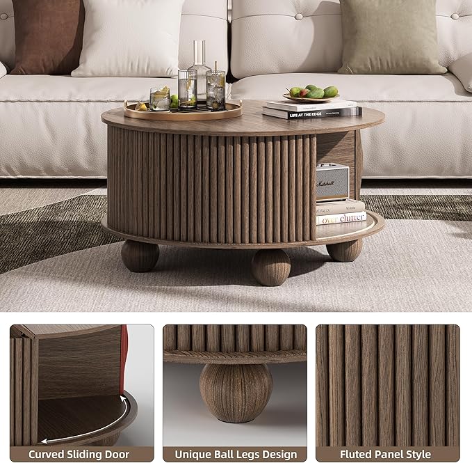 SULIVES Round Coffee Table with Storage, Unique Circle Coffee Table with Sliding Door,Fluted Accent Center Table with Bun Feet for Living Room, Walnut