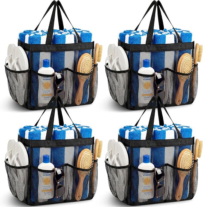 Hillban 4 Pcs Mesh Shower Caddy Portable Shower Caddy for Dorm Beach Mesh Bags with Deeper 8 Pockets and Handles Showers Caddies Basket for Women College Room Vacation(Black)