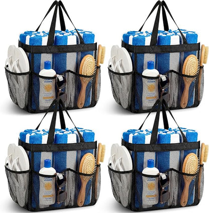 Hillban 4 Pcs Mesh Shower Caddy Portable Shower Caddy for Dorm Beach Mesh Bags with Deeper 8 Pockets and Handles Showers Caddies Basket for Women College Room Vacation(Black)