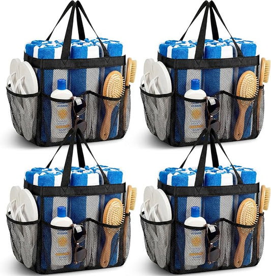 Hillban 4 Pcs Mesh Shower Caddy Portable Shower Caddy for Dorm Beach Mesh Bags with Deeper 8 Pockets and Handles Showers Caddies Basket for Women College Room Vacation(Black)
