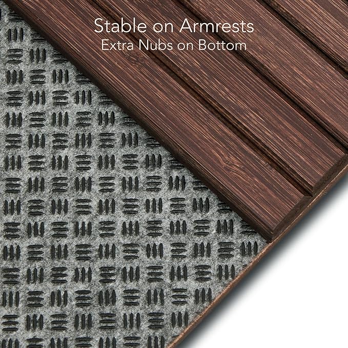 DETOR Couch Arm Tray with Retro Cork Pad, Brown-Stained Bamboo Finish, Enhanced Non-Slip Bottom, Sturdy Bamboo Slats, Fits Armrests 4.6" and Wider