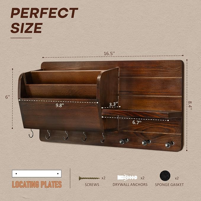 Rebee Vision Pine Wood Key Holder Wall Mount for Home Decor - Vintage Mail Holder Wall Mounted with Floating Shelf & Hooks - Rustic Mail Organizer for Apartment, Living Room, Entryway (Dark Brown)