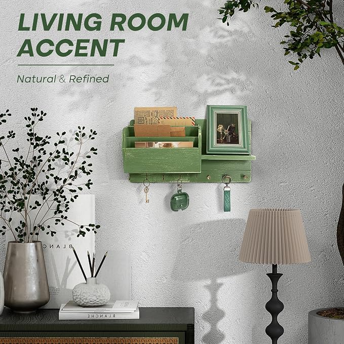 Rebee Vision Pine Wood Key Holder Wall Mount for Apartment Essentials - Farmhouse Key Holder for Wall with Mail Slot & Shelf for Mail & Accessories - Rustic Charm for Home Decor Aesthetic (Green)