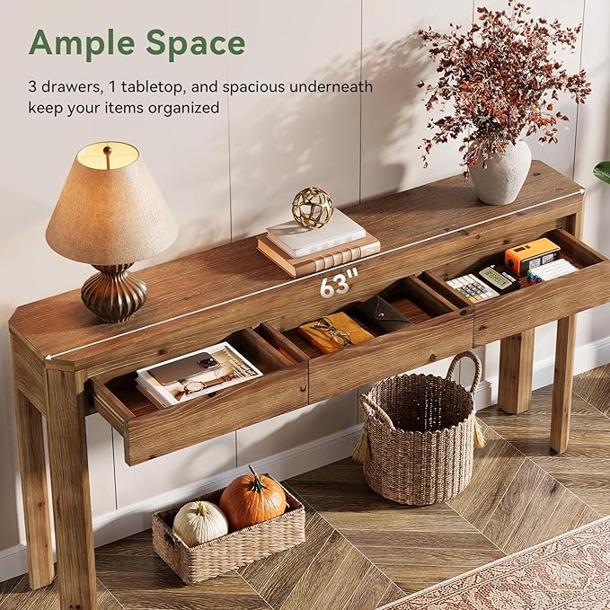 Solid Wood Console Table with 3 Drawers, 63-Inch Farmhouse Entryway Table with Rounded Corners, Long Sofa Table Behind Couch, Accent Table for Entrance, Hallway, Living Room, Rustic Brown