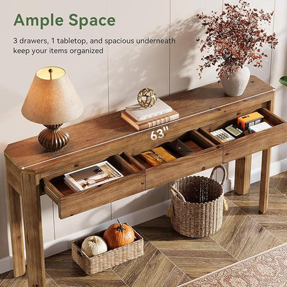 Solid Wood Console Table with 3 Drawers, 63-Inch Farmhouse Entryway Table with Rounded Corners, Long Sofa Table Behind Couch, Accent Table for Entrance, Hallway, Living Room, Rustic Brown