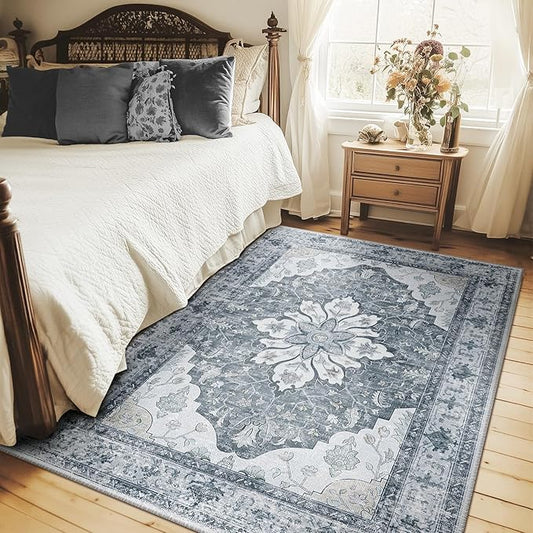RELEANY Area Rugs 4'x6' Washable Non-Slip, Floral Vintage Distress Medallion Carpet for Living Room Bedroom Dining Room, Light Gray Grey White