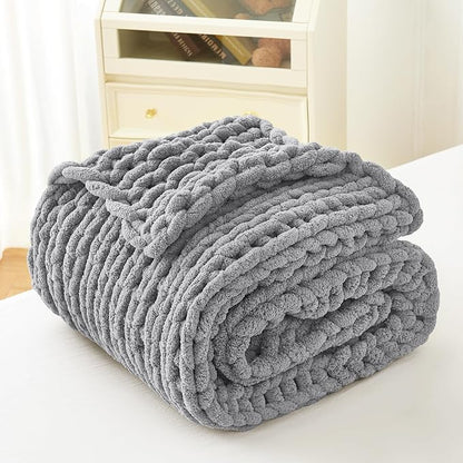 Admitrack Chunky Knit Blanket Throw, 100% Hand Knit Chenille Throw Blanket for Sofa & Home Decor, Soft and Cozy Knitted Throw Blankets (Dark Gray，51"x63")