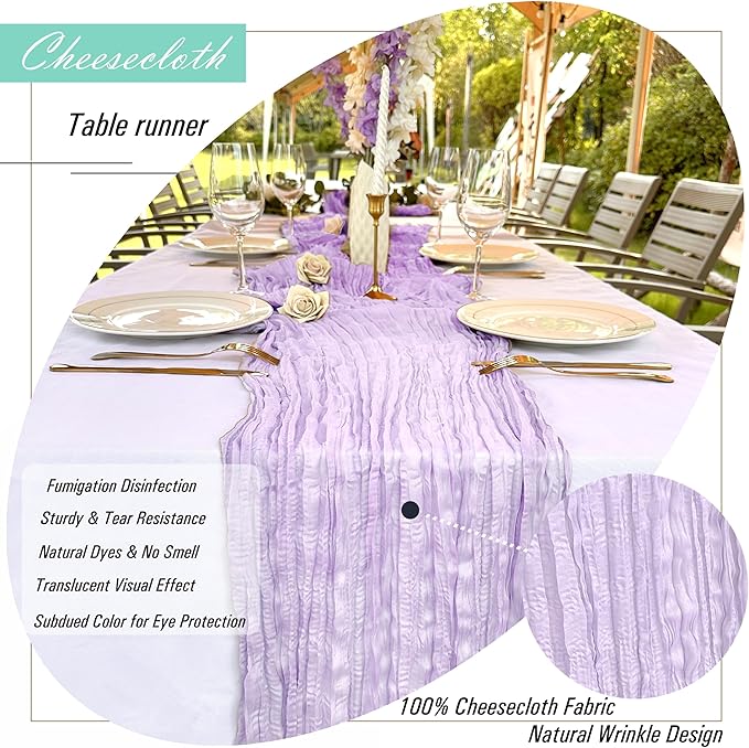 8 Pack Lavender Cheesecloth Table Runner 22 x 108 inch Gauze Cheese Cloth Table Runner Bulk for Rustic Wedding Baby Shower Birthday Party Boho Table Decor