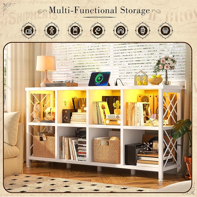 8 Cube Storage Organizer with LED Light and Charging Station, Wood and Metal Cube Shelf, White Horizontal Book Shelf for Bedroom, Home Office