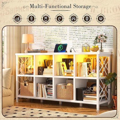 8 Cube Storage Organizer with LED Light and Charging Station, Wood and Metal Cube Shelf, White Horizontal Book Shelf for Bedroom, Home Office