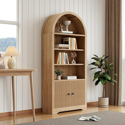 LCVTNDArched Bookcase with Storage, 6 Tier Bookshelf with Door, Freestanding Display Storage Cabinet Farmhouse Storage Shelves for Living Room,Bedroom Home Office,Natural Oak*2