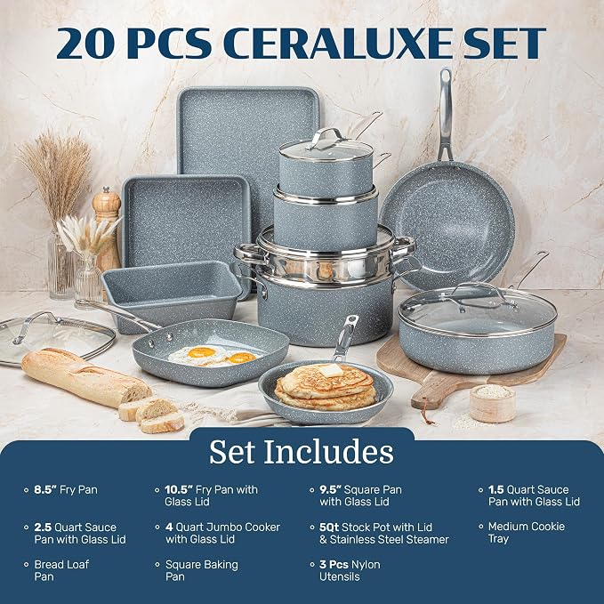 Granitestone Ceraluxe 20 Pc Ceramic Cookware Set Nonstick, Complete Pots and Pans Set Non Stick for Kitchen with Bakeware, Utensils & Steamer, Non Toxic Made Without PFOA PFOS, Oven & Dishwasher Safe
