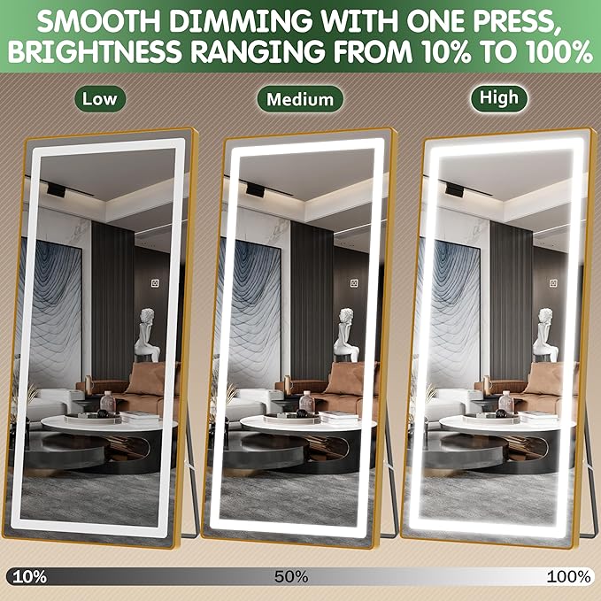FENNIO Full Length Mirror with Lights, 80" x 36" LED Full Body Mirror, Wall Mounted Hanging Mirror with Lights for Bedroom, Salon, Dimmable & 3 Color Lighting, Tempered Glass