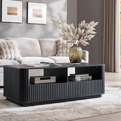 ACCOHOHO 51" Fluted Coffee Table with Storage, Large Modern Center Table with 2 Drawers, Rectangle Wood Coffee Table for Living Room, Black