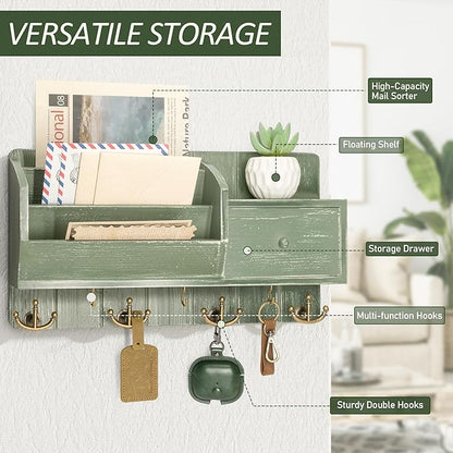 Rebee Vision Farmhouse Key Holder Wall Mount with Mail Sorter - Stylish Mail Organizer with Key Hooks and Drawer Organizer for Home Decor - Rustic Apartment Essentials for Home Improvement (Green)
