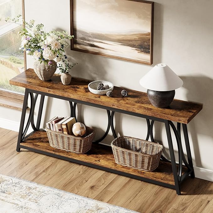 Tribesigns 71-Inch Long Entryway Console Table, 2 Tiers Industrial Narrow Sofa Table Behind The Couch with Storage Shelf and Metal Frame for Living Room, Entrance, Hallway, Brown & Black