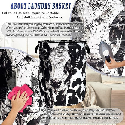 Personalize Black White Cow Laundry Basket Oxford Cloth Foldable Animal Laundry Hamper With Handle Portable Clothes Storage Organizer Basket 18.9x16.5Inch Laundry Bag For Laundry Room/Bedroom/Bathroom