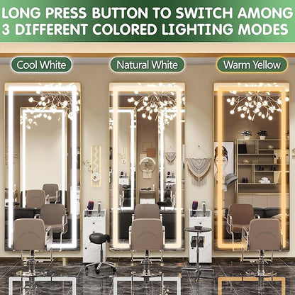 FENNIO Full Length Mirror with Lights, 80" x 36" LED Full Body Mirror, Wall Mounted Hanging Mirror with Lights for Bedroom, Salon, Dimmable & 3 Color Lighting, Tempered Glass