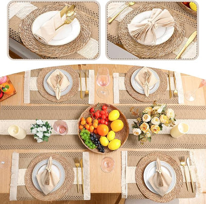 6 Sets Boho Decoration Placemats Round Woven Placemats, Cloth Napkins, Wood Bead Napkin Rings, Long Table Runner and Farmhouse Burlap Cotton for Table Kitchen (Neutral,12x72)