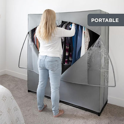 HOLDN’ STORAGE Portable Wardrobe Closet - 65 lb Large Capacity, Internal Heavy Duty Metal Rod, Zipper & Clear Window, Durable Clothes Organizer, Tool-Free Easy Assembly, Dark Gray Canvas Cover