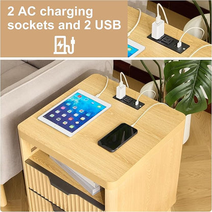 Nightstand with Charging Station,18" W Night Stand 2 Drawers Open Storage,Modern Bedside Table,Fluted Nightstand End Table with Widened Handle for Bedroom Living Room Sofa Office