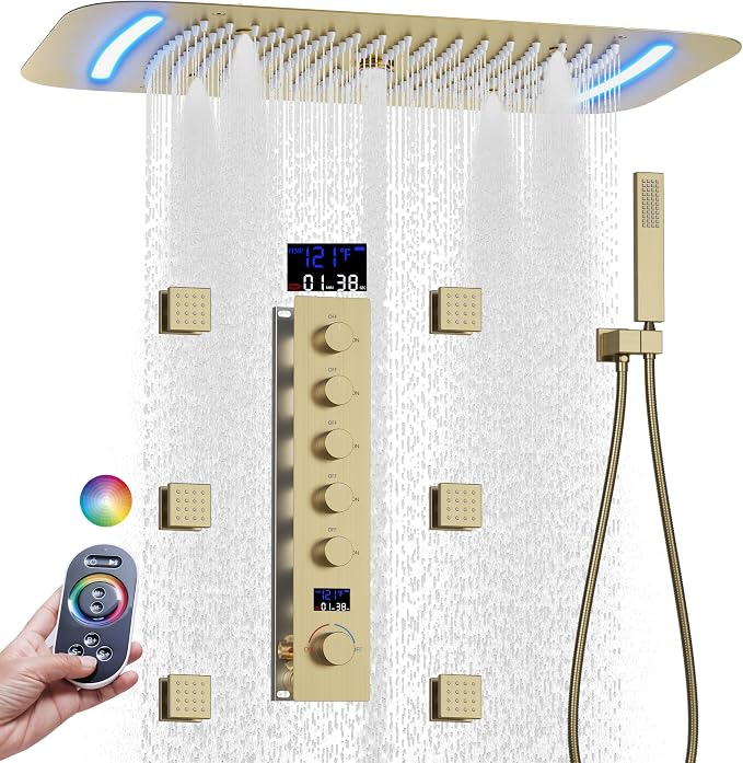 AYIVG Brushed Gold 16 x 26 Inch Full Body Thermostatic Rainfall Shower System 64 Color LED Rainfall Luxury Shower Head System with 6 Spray Jets Ceiling Mount Rain Temperature Display Shower Faucet Set