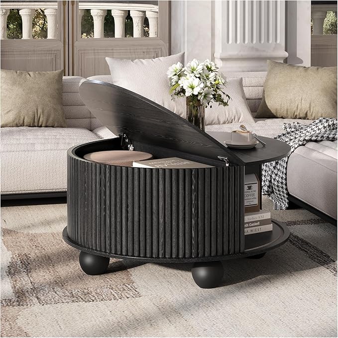 SULIVES Round Coffee Table with Storage, Unique Circle Coffee Table with Sliding Door,Fluted Accent Center Table with Bun Feet for Living Room, Black