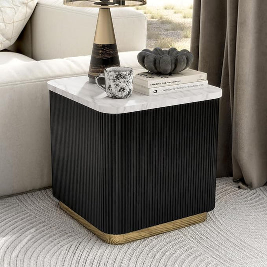 Furniture of America Beryl Modern Square White Genuine Marble Top End Table with Fluted Pedestal Base and Gold Stainless Steel Accent, Low Profile Table for Living Room, Home Office, Black