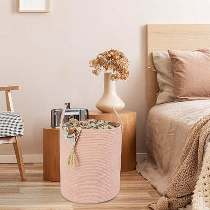 XUANGUO Cotton Rope Laundry Basket Hamper for Clothes Woven Storage Basket for Living Room Bedroom Boho Tall Rope Baskets for Blanket Toys Pillow Towels Baby Nursery Hamper Bin coral pink