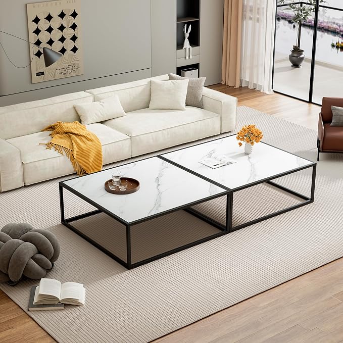 31.5" Square Coffee Table, Mid-Century Modern White Center Table for Living Room, Floor Table for Sitting on The Floor, Wood Cocktail Tea Contemporary Tables with Metal Frame for Office Apartment Home