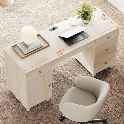 WAMPAT Executive Desk with Drawers & Storage Cabinet, 58 Inch Modern Wooden Office Desk with Charging Station & Keyboard Tray, Home Office Large Computer Desk, Work & Study Writing Desk, Light Oak