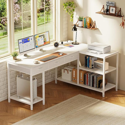 PRAISUN 55 Inch L Shaped Office Desk with Power Outlets and Type-C Port, Large Computer Gaming Desk with 3 Fabric Drawers, Mesh Shelves, Corner Study Work Writing Desk, White