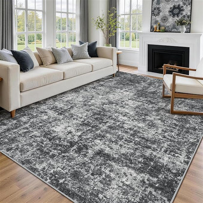 9x12 Area Rugs for Living Room Rug Washable: Abstract Large Rug for Dining Room Bedroom Carpet Non Slip 9 by 12 Indoor Modern Nursery Home Office Black Grey