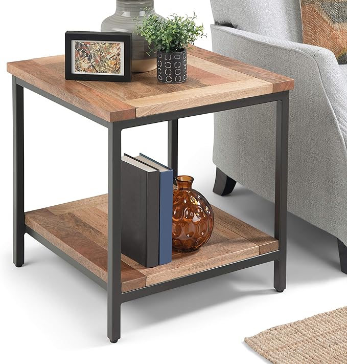 SIMPLIHOME Skyler End Table - 22 inch Wide Solid Mango Wood and Metal Side Table in Natural, Industrial Accent Table for Living Room or Bedroom with Open Storage Shelf, Assembled