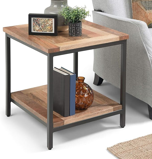 SIMPLIHOME Skyler End Table - 22 inch Wide Solid Mango Wood and Metal Side Table in Natural, Industrial Accent Table for Living Room or Bedroom with Open Storage Shelf, Assembled