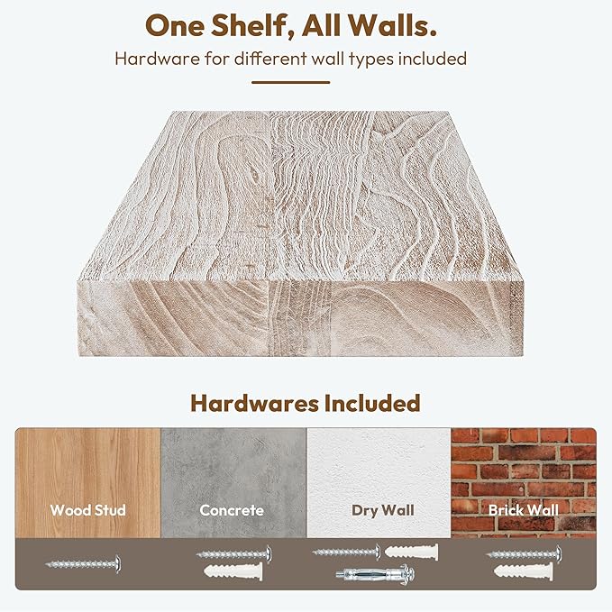 Vivelove Elm Wood Long Floating Shelves for Wall, 48 inches x 8” Deep Wooden Shelves, for Living Room Bedroom Kitchen Bathroom Office, Rustic Farmhouseme Decor, Set of 1 - Distressed Washed White
