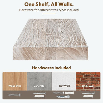 Vivelove Floating Shelves for Wall Solid Elm Wood, 24 Inches Long Rustic Wall Shelf with Invisible Bracket for Living Room Bedroom Bathroom Office, Farmhouse Wall Decor, Set of 2 - Weathered White