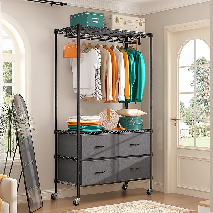 Raybee Rolling Clothes Rack for Hanging Clothes, Clothing Rack with 4 Fabric Drawers and Wheels, Portable,Adjustable,Sturdy,Black
