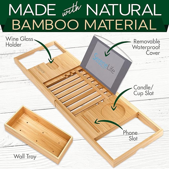SereneLife Premium Bathtub Tray Caddy, Expandable Bath Tray, Unique House Warming Gifts, Gift for Mom, Women, New Home, Wedding, Anniversary, Bridal Shower, Universal Fit for All Tub - Natural
