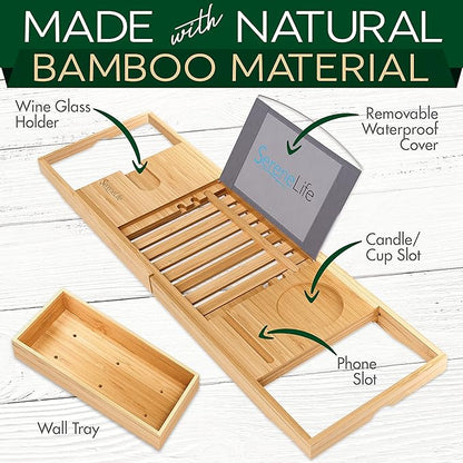 SereneLife Premium Bathtub Tray Caddy, Expandable Bath Tray, Unique House Warming Gifts, Gift for Mom, Women, New Home, Wedding, Anniversary, Bridal Shower, Universal Fit for All Tub - Natural