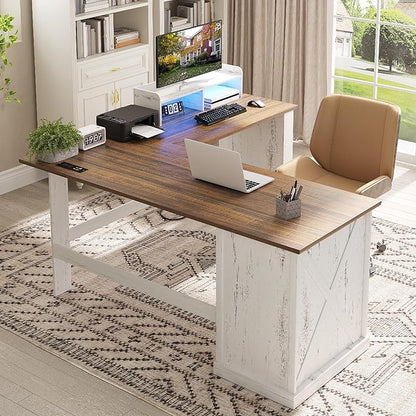 FREDEES Executive L Shaped Desk with Led Lights and Movable Stand, 59 inch Farmhouse Corner Computer Desk with File Drawers, Home Office Desk with Charging Station for Working, Gaming - Antique White