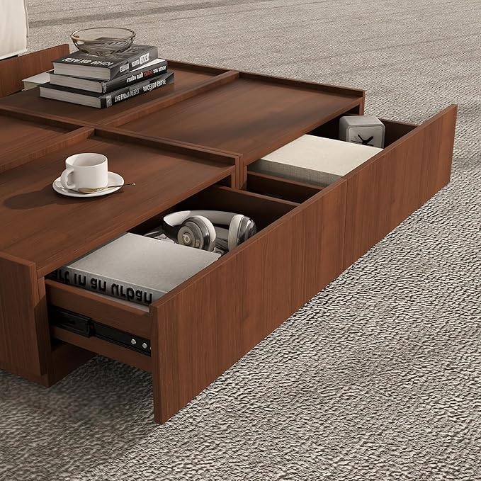 Coffee Table with Storage,Modern Center Table with 4 Hidden Drawers for Living Room,Rectangle Coffee Table for Home Furniture,Bedroom,Dark Walnut