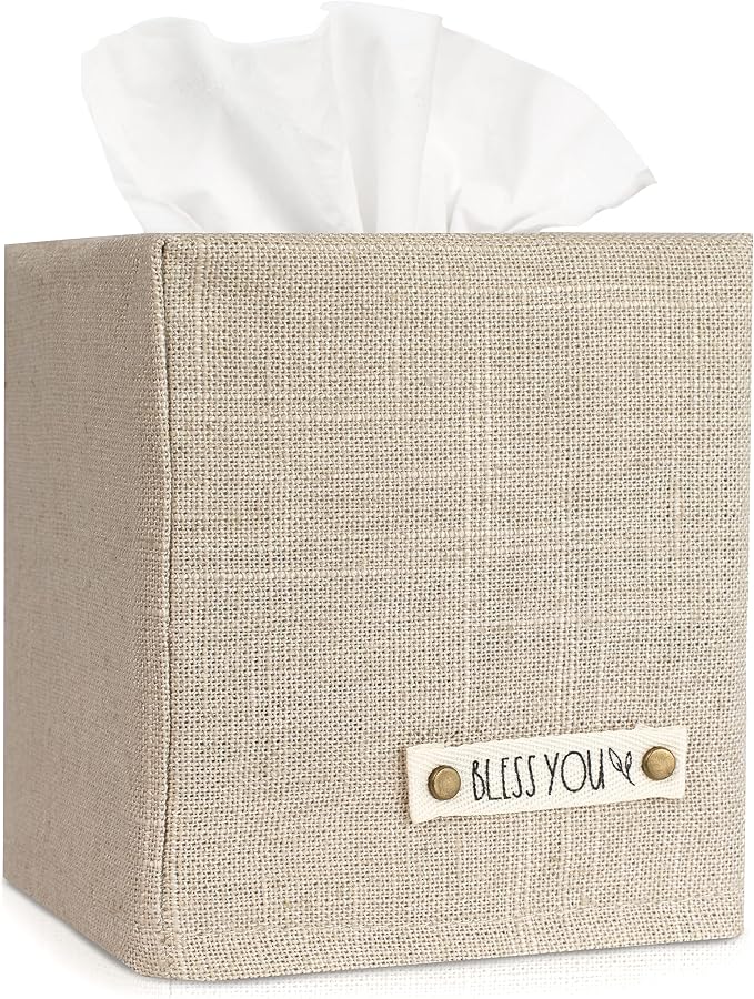 Stylish Tissue Box Cover - This Beige Linen Holder Instantly Covers Your Square Tissue Boxes - The Perfect Cube Cover for Your Bathroom and Home