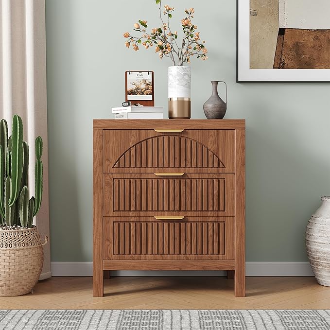 3 Drawer Dresser, Farmhouse Fluted Chest of Drawers, Wooden End Table, Mid- Century Modern Bedroom Nightstand Side Table for Bedrooms, Closets, Hallways, and Entryways, Walnut